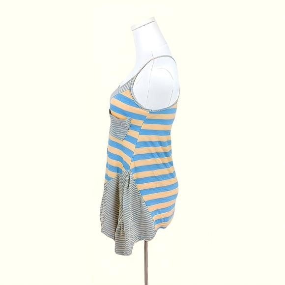 Shelly Blue Striped Bohemian Tank Top M Handkerchief Hem Yellow Asymmetrical - Picture 2 of 5